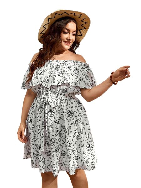 

plus starfish & shell print off shoulder ruffle trim belted dress p4ce#, Black