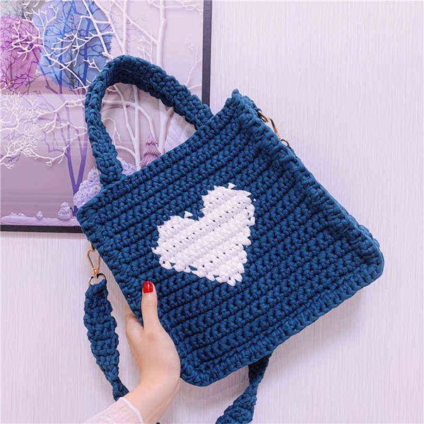 Bolsas de coração de malha de lã para mulheres de crochê de crochê, ladras de ombro coreanas de crochê de algodão Bolsa Crossbody 220512
