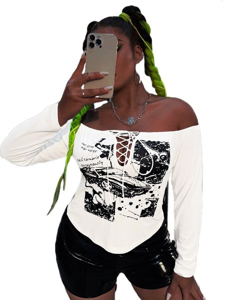 

plus car print lace up off shoulder tee a98l#, Black