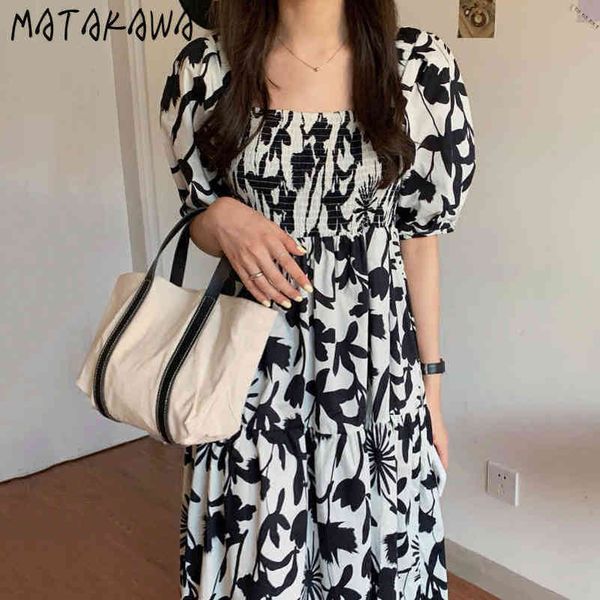 

high waist puff sleeve ink print dresses korean summer vintage women dress was thin square collar loose vestidos 210506, Black;gray