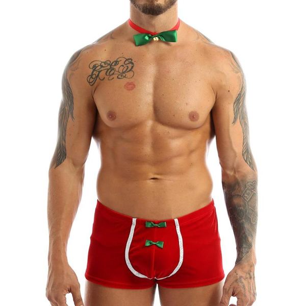 Mutande da uomo Lingerie Costume erotico per sesso Costume cosplay Vacanze di Natale Sexy Custodia rigonfia anteriore Boxer Intimo con papillon Mutande