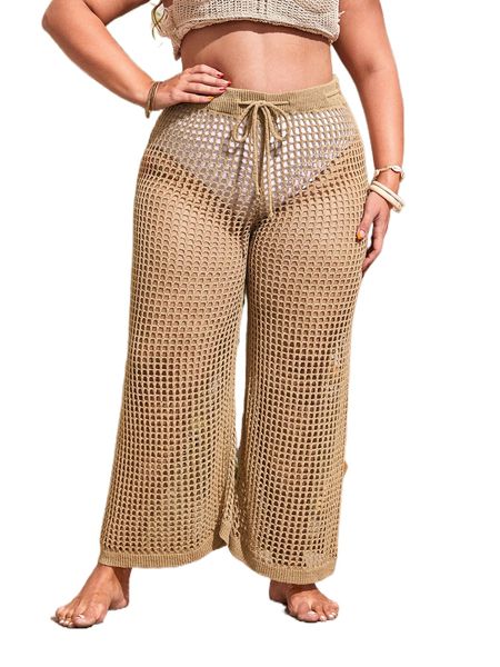 

plus drawstring waist open knit cover up pants without panty q027#, Black