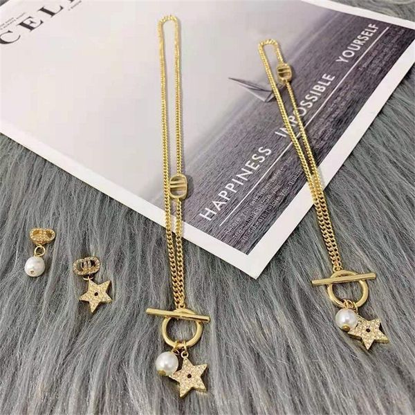 

ornament charm earring five pointed star full pearl clavicle chain necklace bracelet earrings brass material 925 silver needle, Golden