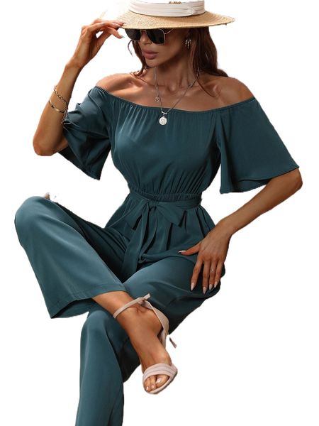 

off the shoulder belted jumpsuit r4bw#, Black;white