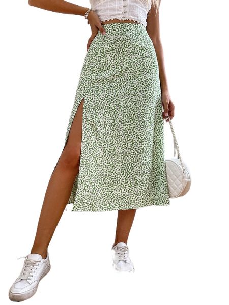 

high waist ditsy floral split thigh skirt 45hq#, Black