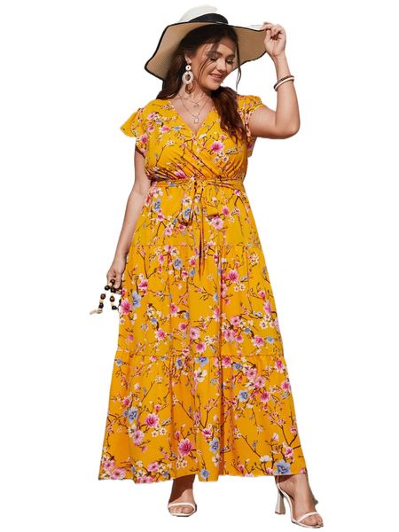 

plus floral print ruffle hem belted dress i7vo#, Black