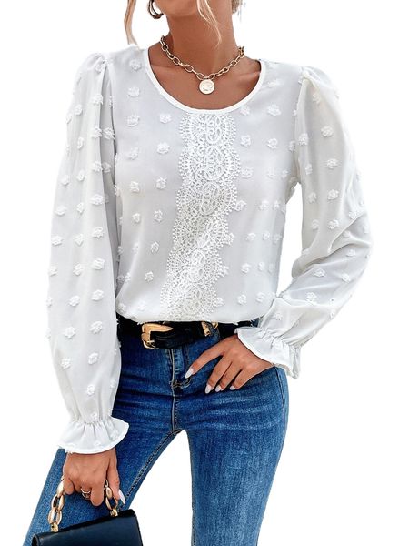 

swiss dot flounce sleeve blouse r91t#, White