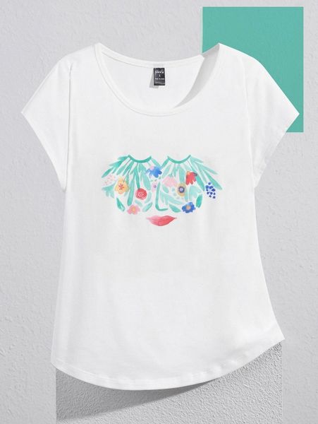 

x amy christine floral & lip print tee t5dd#, White