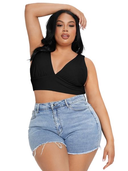 

plus solid crop tank 06ob#, Black