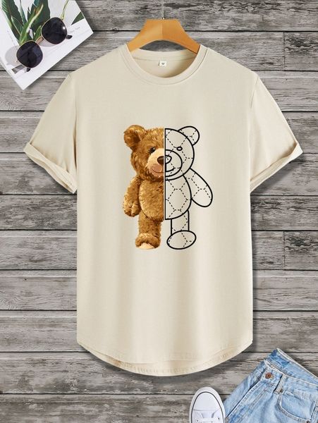 

men bear print high low hem tee 15iu#, White;black