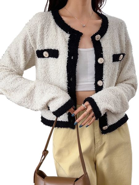 

dazy contrast trim fuzzy knit drop shoulder cardigan d8jg#, White;black