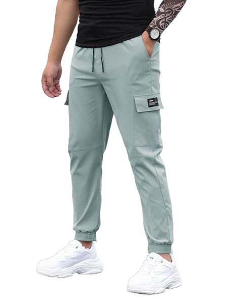 

men letter patched detail flap pocket drawstring waist cargo pants e7sm#, Black
