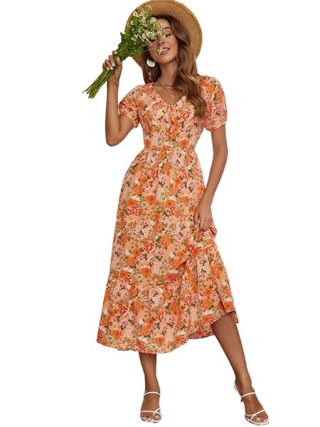 

allover floral print tie front ruffle hem dress v9ei#, Black;gray