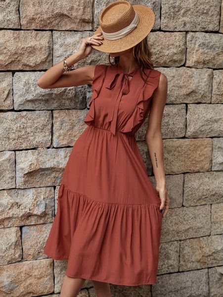 

ruffle trim tie neck sleeveless dress x2sf#, Black;gray