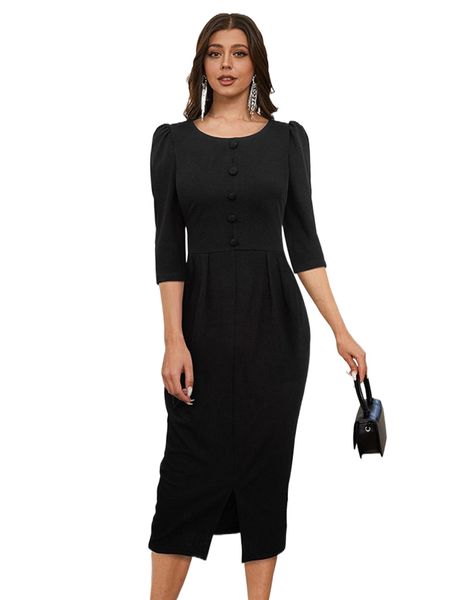 

button front puff sleeve dress f8a7#, Black;gray