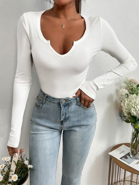 

rib knit notched neck tee l1kx#, White
