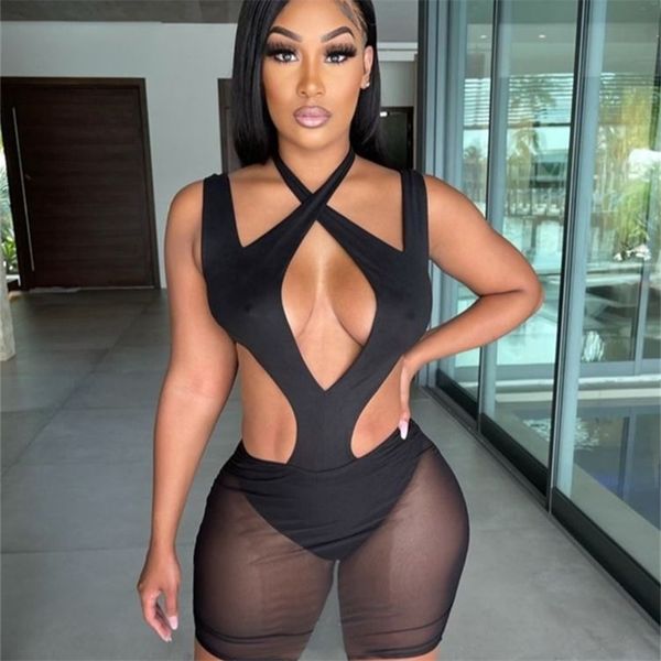 

two piece sets women summer sleeveless cut out bodycon bodysuit mesh sheer biker shorts ladies club 2pcs short sets 220602, Gray