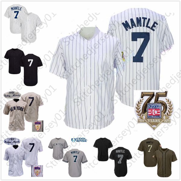 

mantle jersey 1951 white cream pinstripe grey baseball hall of fame patch home away grey black pullover button all stitched mens