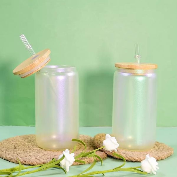 

16oz sublimation iridescent glass mugs straight frosted transparent coffee tea tumblers with bamboo lid and straw fy5274
