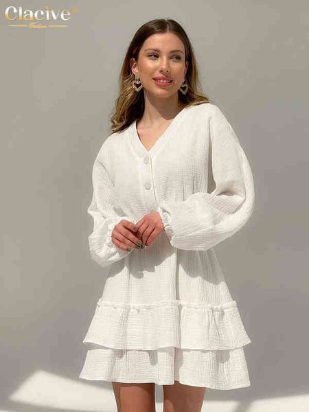 

clacive autumn v-neck white dress fashion long sleeve office lady bodycon mini dress elegant slim ruffle dresses for women 2022 t220804, Black;gray