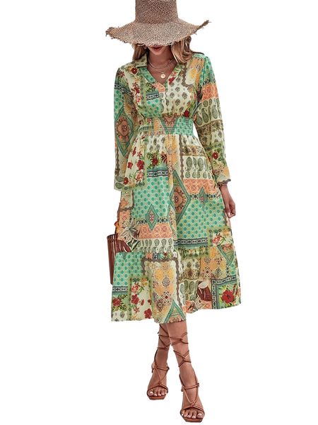 

random patchwork print shirred waist ruffle hem shirt dress y7fk#, Black;gray