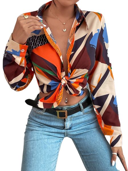 

geo print color block blouse 605q#, White