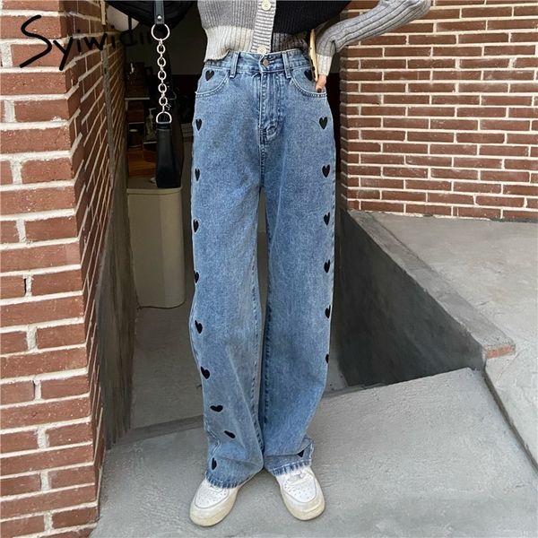 

high waisted women pattern heart side stripe denim pants wide leg jeans straight vintage streetwear fashion 210415, Blue