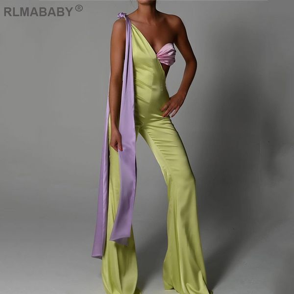 

elegant patchwork one shoulder long strap women flare jumpsuit slim sleeveless backless night club rompers bodycon jumpsuit, Black;white