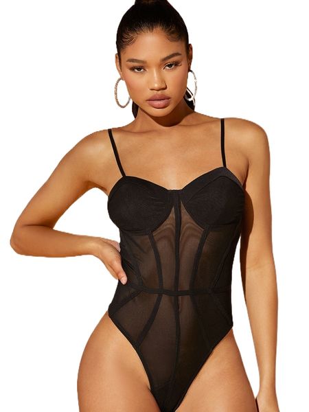 

seam front sheer mesh cami bodysuit 94r9#, White