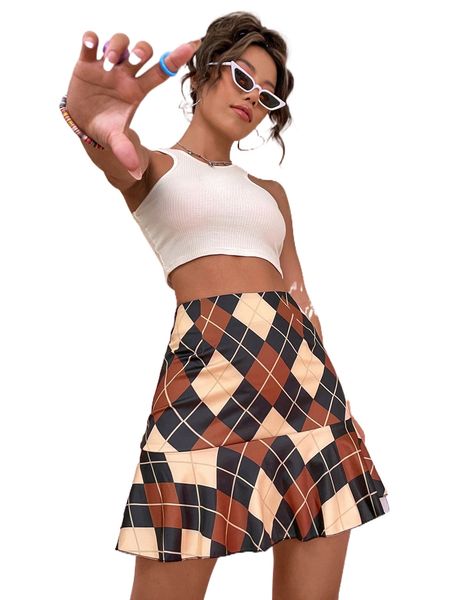 

argyle print ruffle hem skirt s0ix#, Black