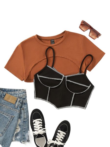 

high low hem tee & stitching bandana cami c5mn#, White