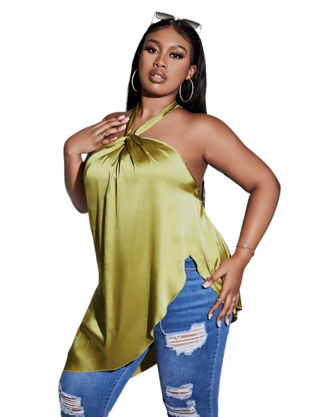 

plus twist asymmetrical hem tie backless satin halter t1wf#, Black