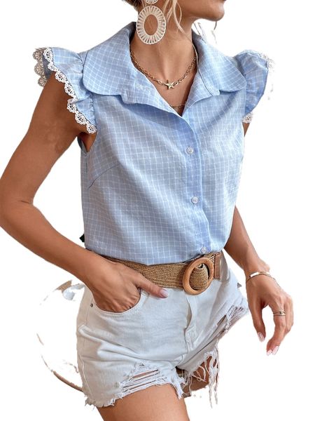 

plaid lace trim blouse d5t3#, White