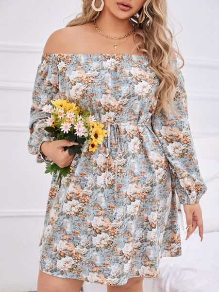 

plus allover floral print off shoulder belted dress i0zu#, Black