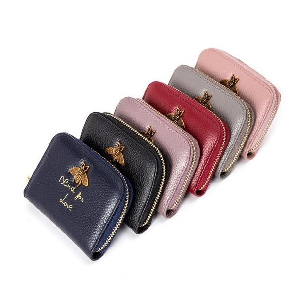 

genuine leather bee women&men card holders lady fashion cow leather zero designer wallets female casual clutchs black purple grey 2942, Brown;gray