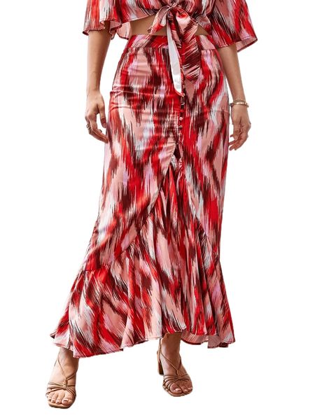 

random allover print button front ruffle hem skirt p6ud#, Black