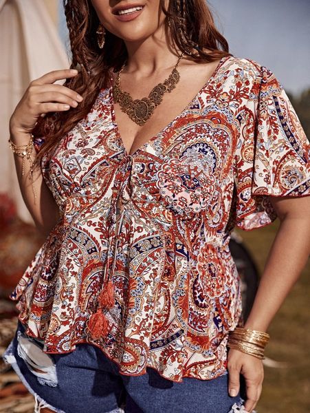 

plus paisley print tie front flutter sleeve blouse g2ws#, Black