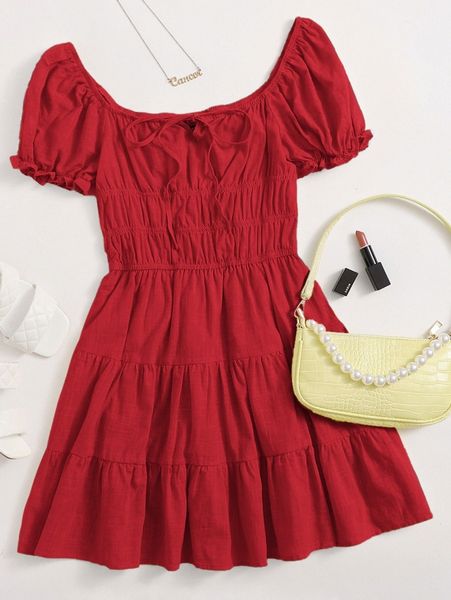 

tie neck ruched bust tiered dress 59i1#, Black;gray