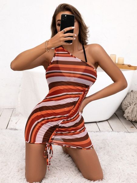 

striped drawstring one shoulder cover up l3h3#, White;black