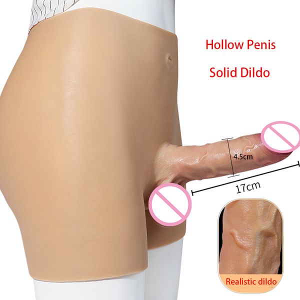 Calças de silicone Dildo Hollow Penis Feminino Masturbação Cinta Realista em Dildos com Scotum Sexy Brinquedos para Mulher Lápis Lápis