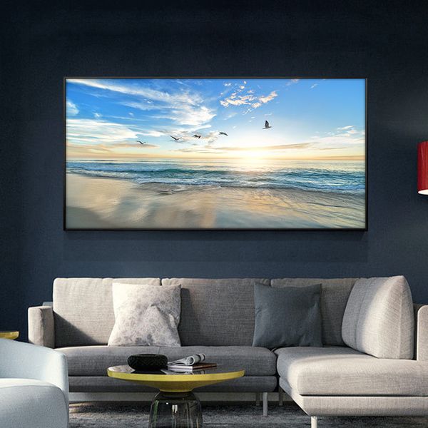 Pôr do sol Natural Bird Blue Sky Mar Beach Paisagem Pôsteres e Impressões Pintura de Canvas Panorama Panorama Arte de parede para sala de estar