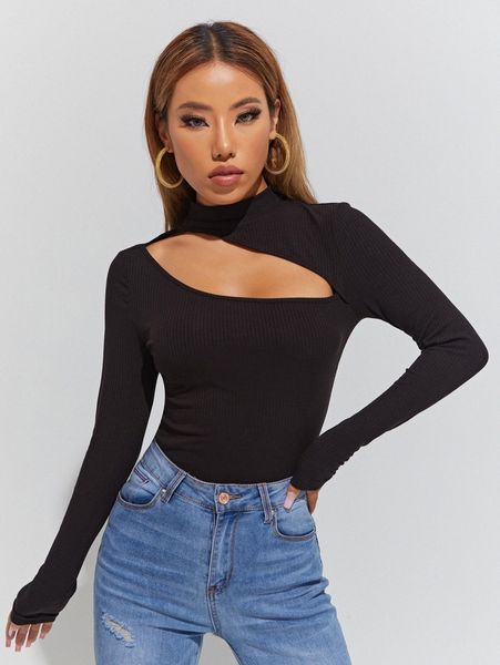 

mock neck cut out front ribbed knit slim fit tee v92o#, White