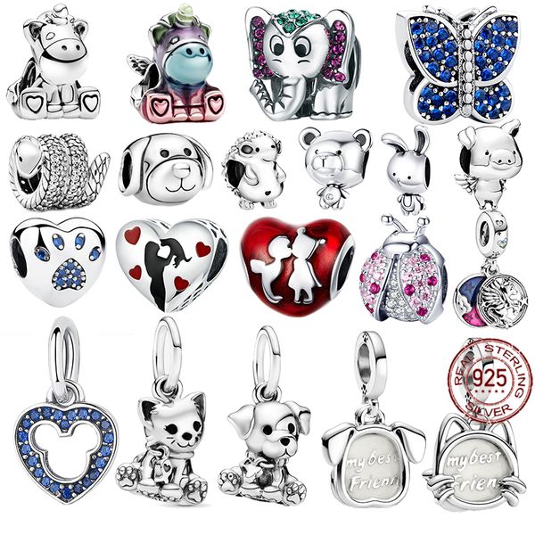925 Silver Family Cat Dog Charm Charm Fit Pandora Bracelete para DIY Jewellery Gift