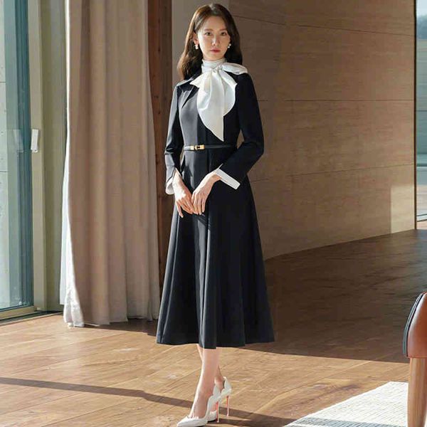 

casual dresses the same star in the early autumn of style celebrity temperament long sleeve contrast color suit collar black big swing dress, Black;gray