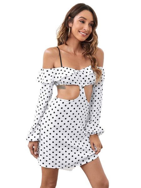

polka dot print cut out ruffle trim dress s5vh#, Black;gray