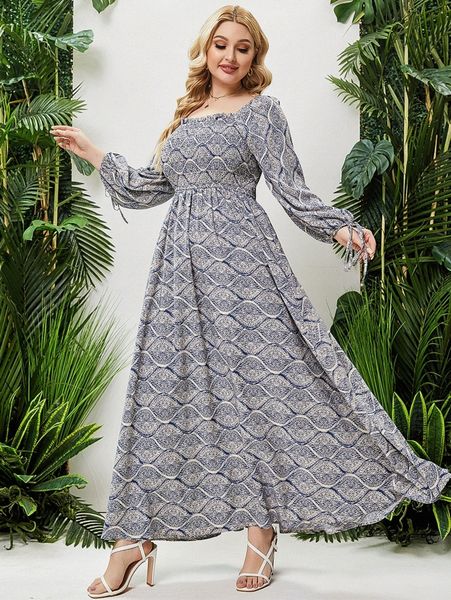 

plus damask print frill trim lantern sleeve dress e9ba#, Black