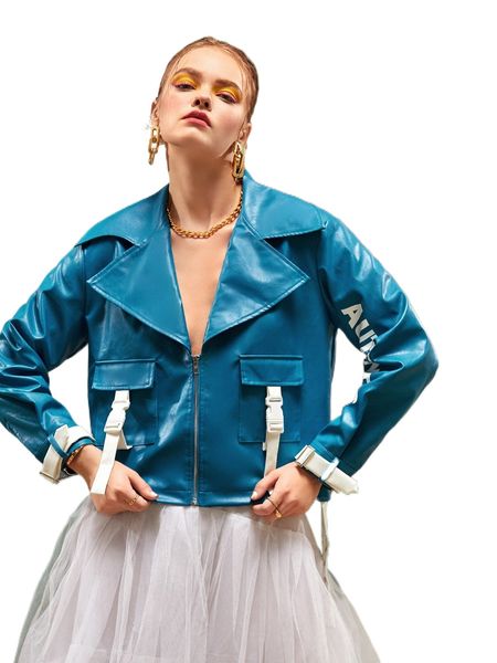 

x lidia kokowicz chain detail letter graphic buckled flap pocket pu leather jacket q1ub#, Black;brown