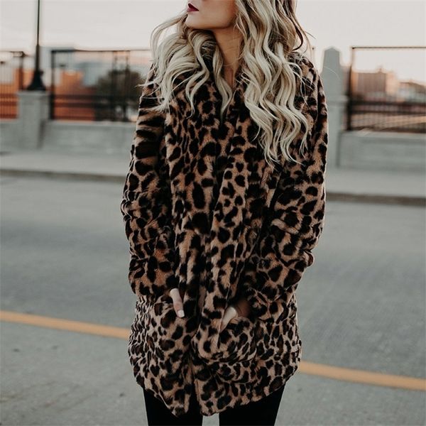 

luxury faux coat for women autumn winter warm fashion leopard printed artificial women's coats casual fur jacket t200506, Black