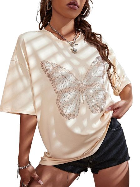 

butterfly rhinestone drop shoulder tee z523#, White