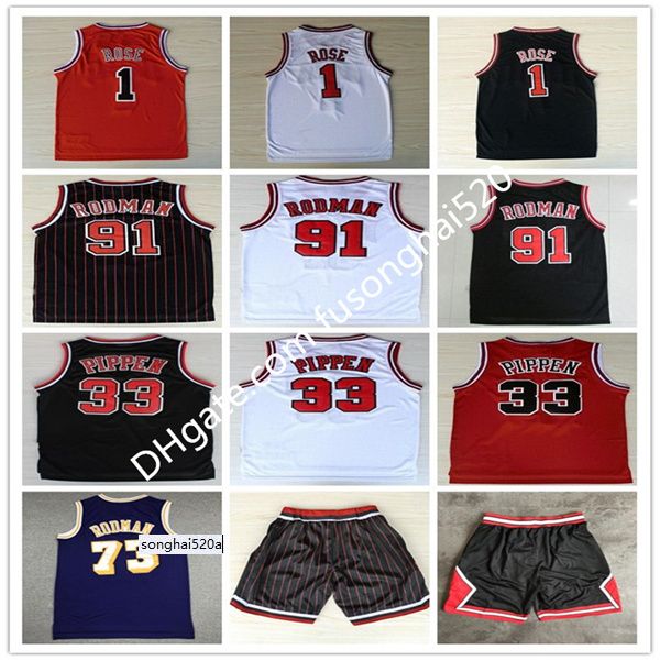 

mens sports shirts embroidery 1# derrick rose shorts red the worm 91# dennis rodman red white black 33# scottie pippen jersey st jerseys, Black;red